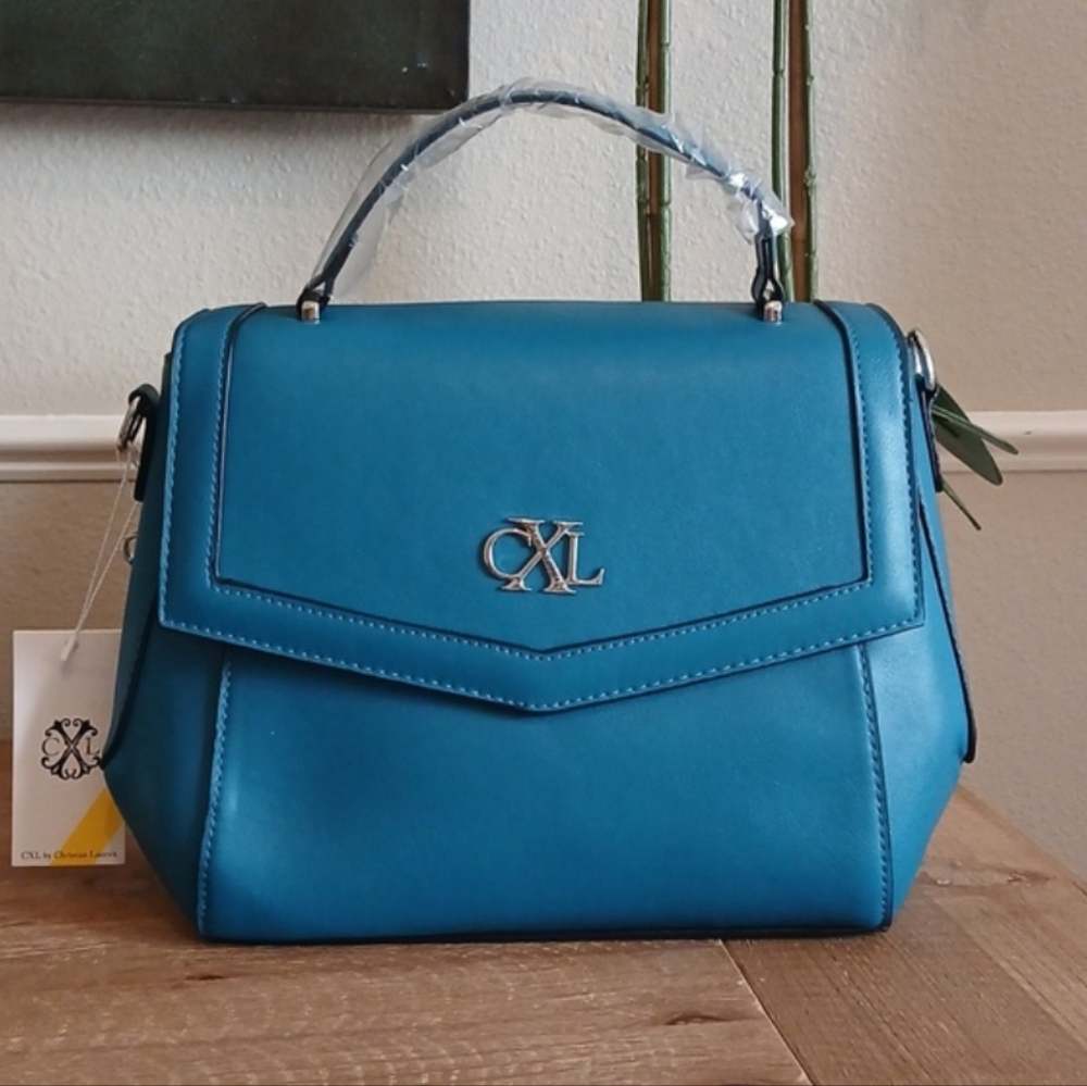 Christian Lacroix Crossbody Faux Leather Satchel Shoulder Bag Teal Blue New